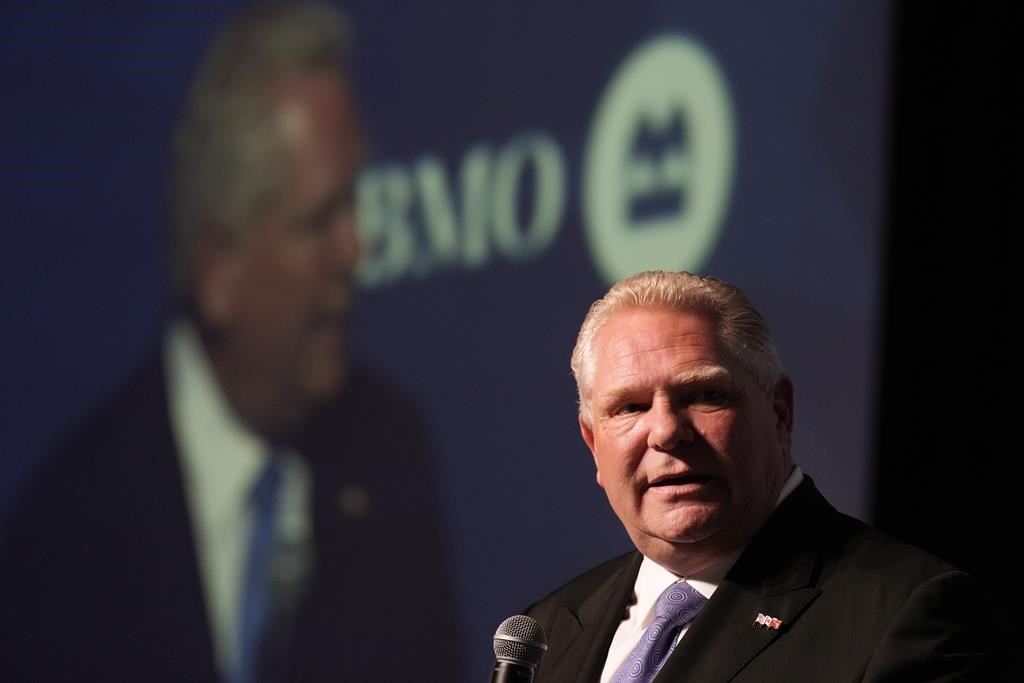 Ontario Premier Doug Ford addresses the US-Canada Summit in Toronto on June 11, 2024. Ford says eligible businesses will be getting a share of $2 billion that the Workplace Safety and Insurance Board is returning due to a surplus. 