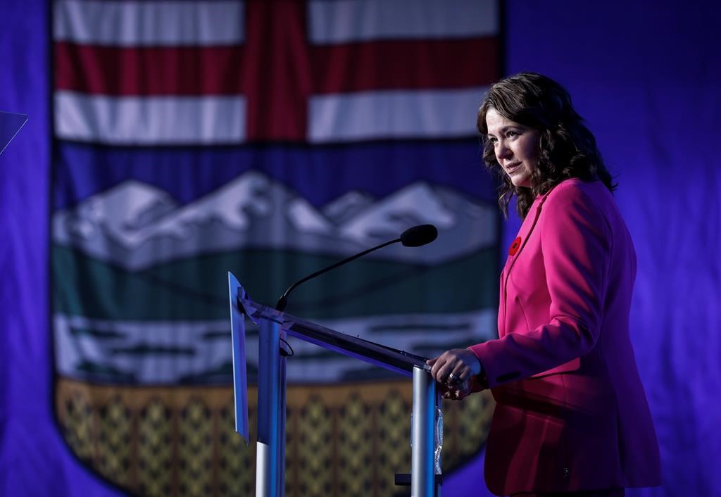 United Conservative Party leader Danielle Smith addresses party members at their annual meeting in Red Deer, Alta., Saturday, Nov. 2, 2024.