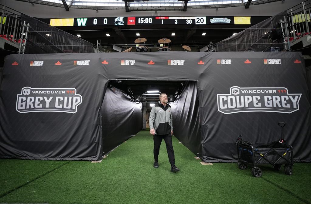 Winnipeg Blue Bombers head coach Mike O'Shea walks onto the field for media availability ahead of the 111th CFL Grey Cup, in Vancouver, B.C., Friday, Nov. 15, 2024. THE CANADIAN PRESS/Darryl Dyck.