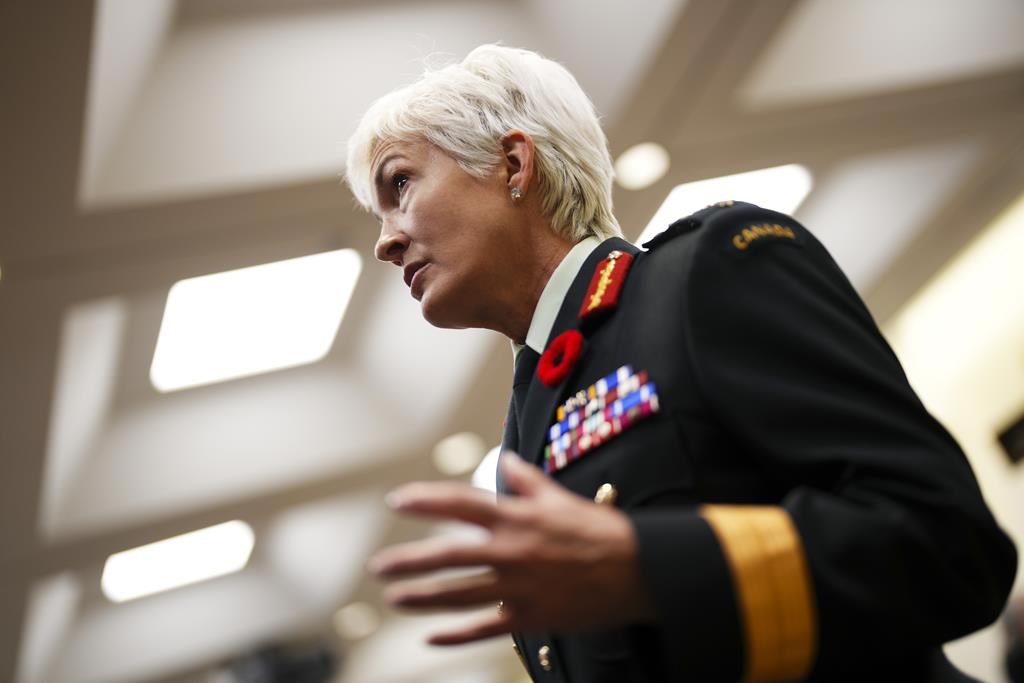 <p>Chief of Defence Staff Jennie Carignan arrives to appear as a witness at a House of Commons standing committee on Veterans Affairs in Ottawa on Thursday, Oct. 31, 2024. THE CANADIAN PRESS/Sean Kilpatrick</p>.