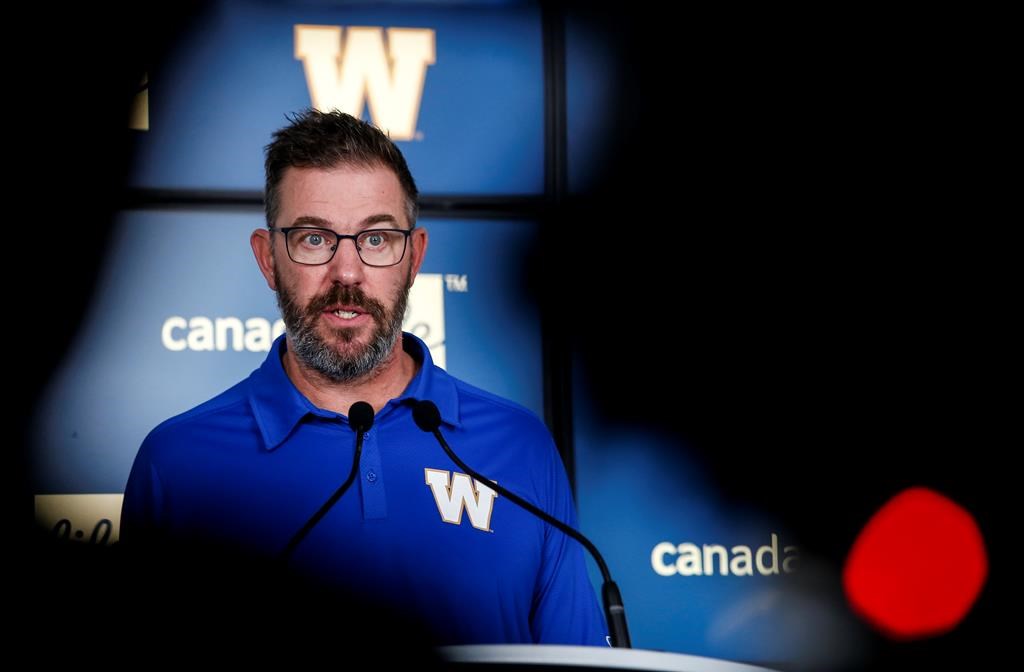 Winnipeg Blue Bombers general manager Kyle Walters speaks to media about the season and their upcoming plans at his year end press conference at the Blue Bomber stadium in Winnipeg, Tuesday, Nov. 26, 2024. THE CANADIAN PRESS/John Woods.