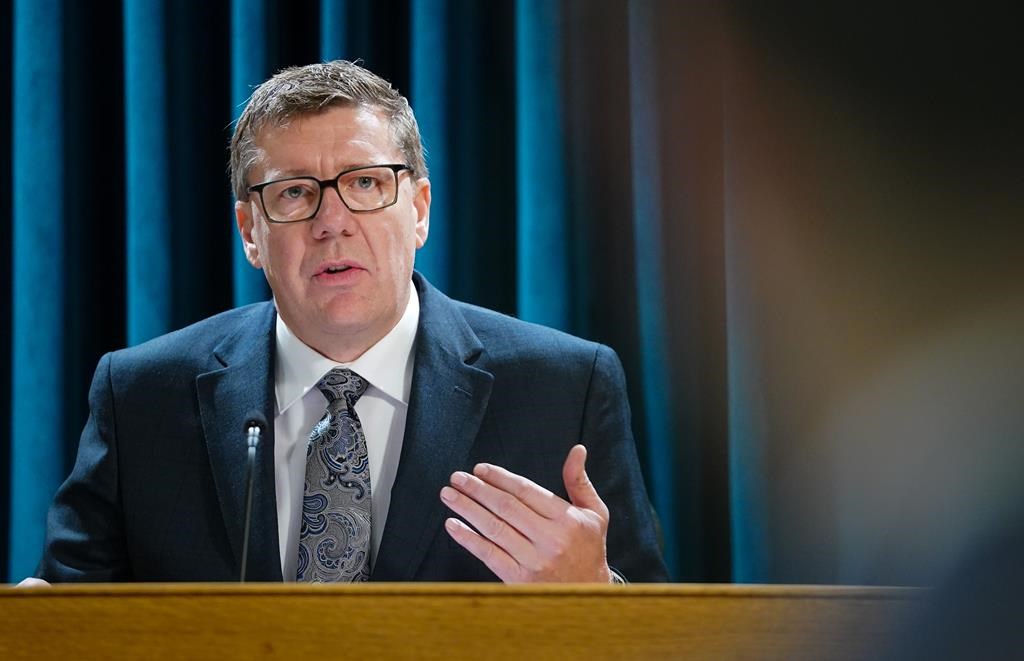 Saskatchewan Premier Scott Moe gestures while speaking during a press conference before the Speech from the Throne in Regina on November 25, 2024. THE CANADIAN PRESS/Heywood Yu.