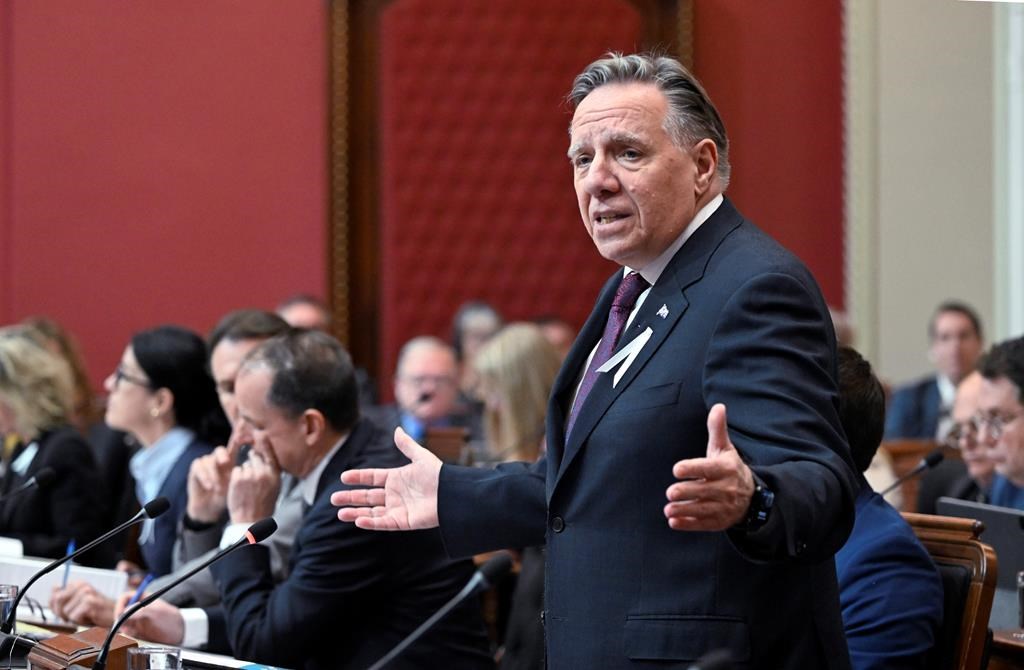 Quebec Premier François Legault responds to the Opposition during question period, Tuesday, Nov. 26, 2024, at the legislature in Quebec City.