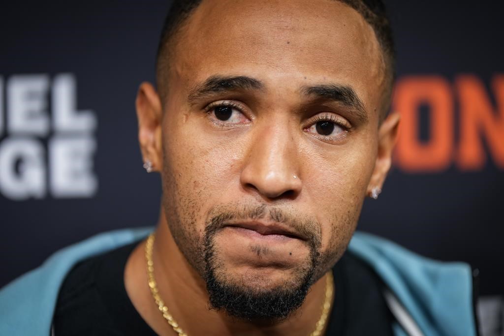 B.C. Lions quarterback Vernon Adams Jr. pauses while speaking during the CFL football team's end of season media availability, at their practice facility in Surrey, B.C., Monday, Nov. 4, 2024.