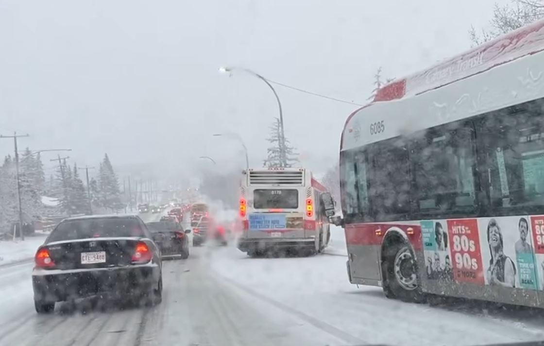 The heavy wet snow made for a slippery morning commute in Calgary including for these two busses that were unable to navigate a hill on Heritage Drive SW.