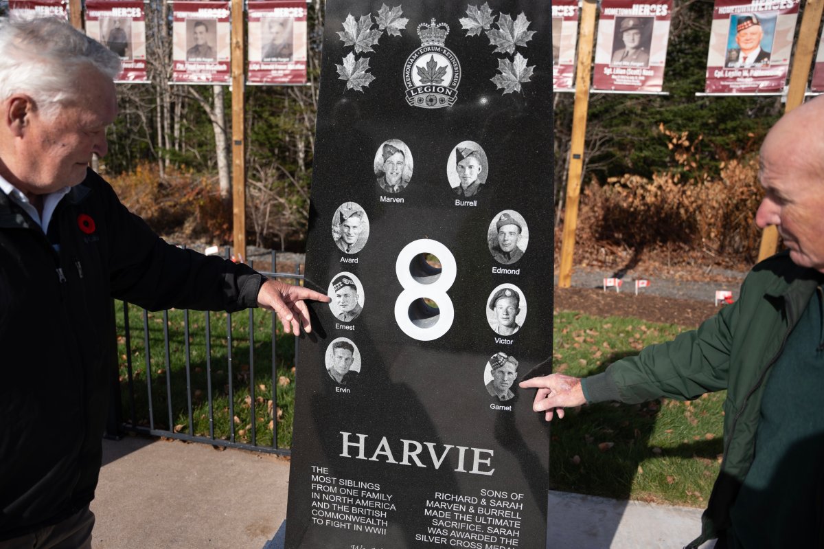 Cousins Victor Harvie, left, and Richard Harvie point out their fathers on a new memorial honouring the war service of their fathers and uncles in the small community of Noel, N.S. on Monday, November 4, 2024.