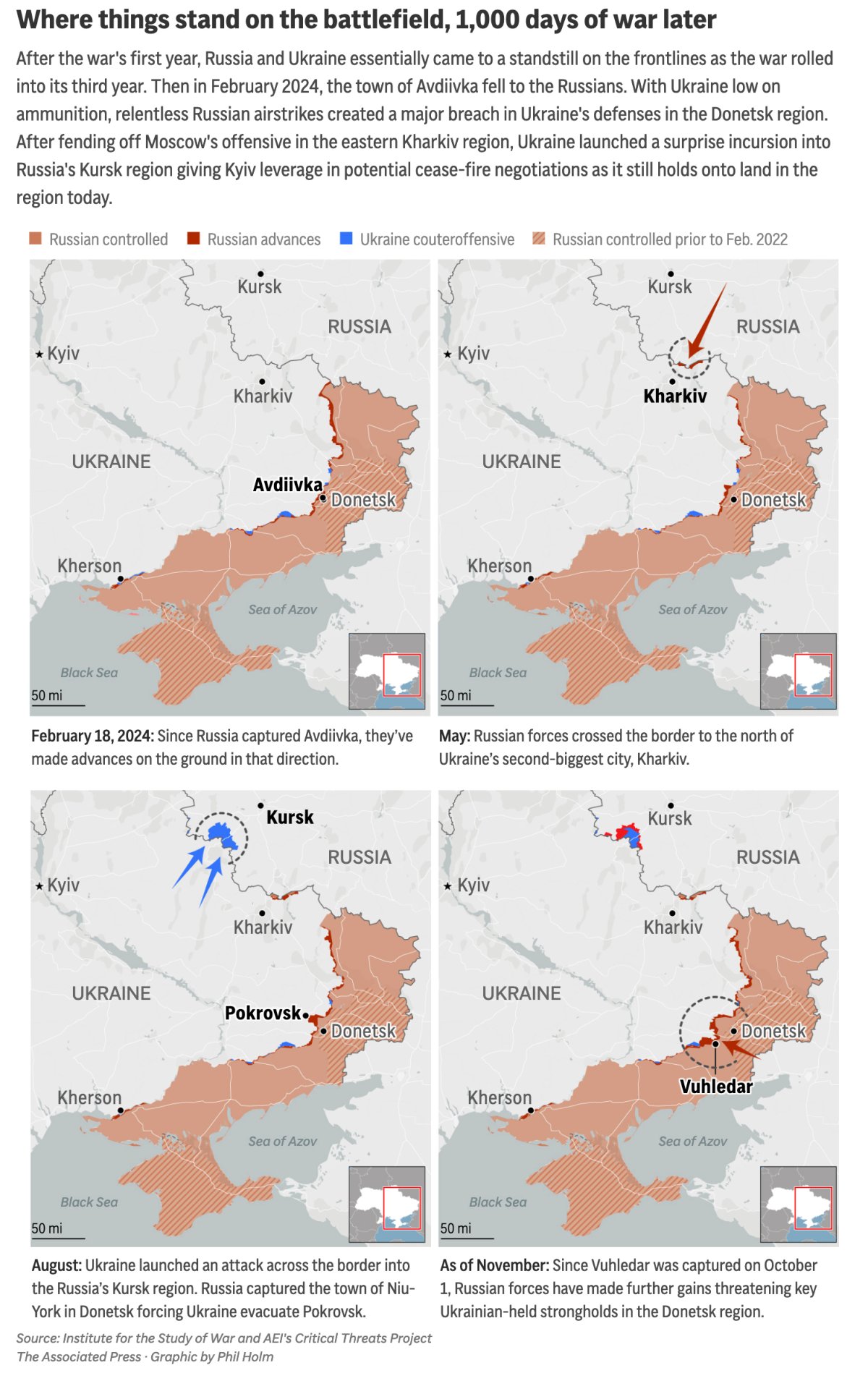 The map above shows progression on the Ukraine and Russian battlefields in 2024 as the war embarks on its 1,000th day. (AP Digital Embed)