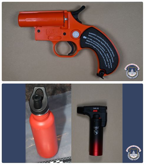 Photos of the flare gun, fuel and torch lighter that were seized by Capitol police.