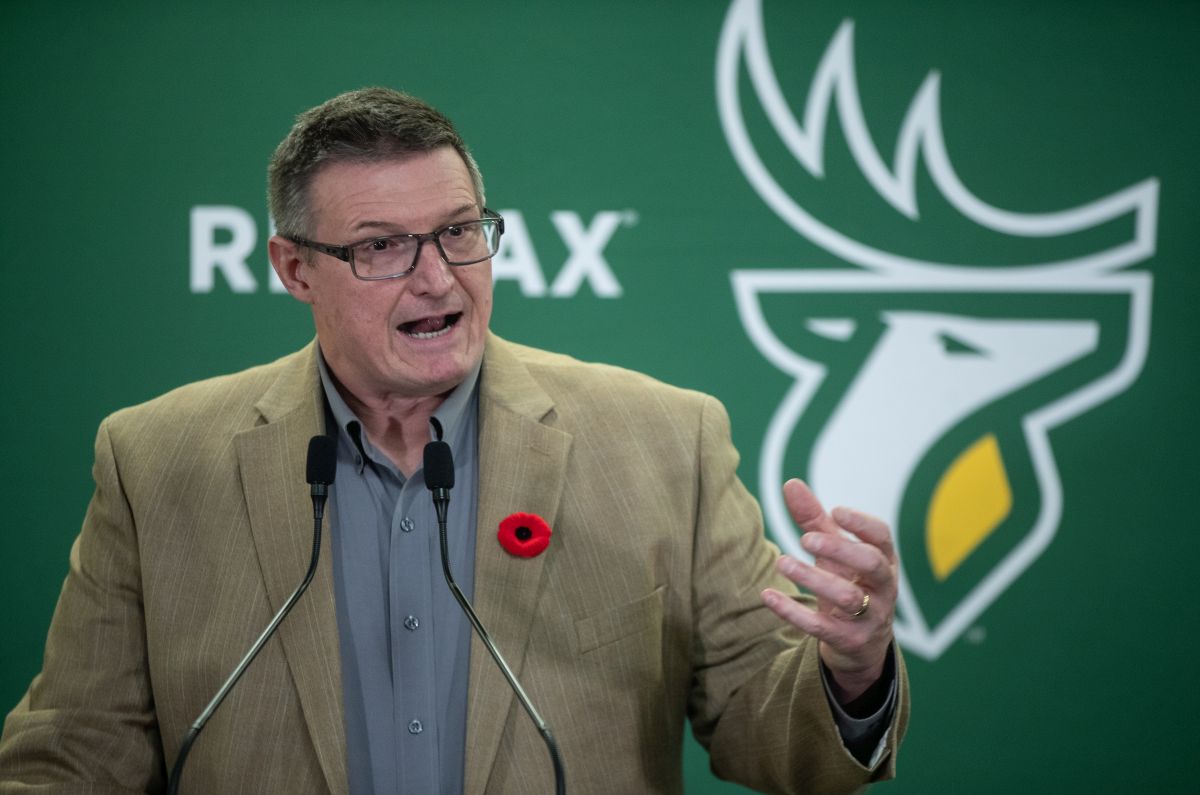 Edmonton Elks new President and CEO Chris Morris speaks during a press conference in Edmonton, on Thursday October 31, 2024.