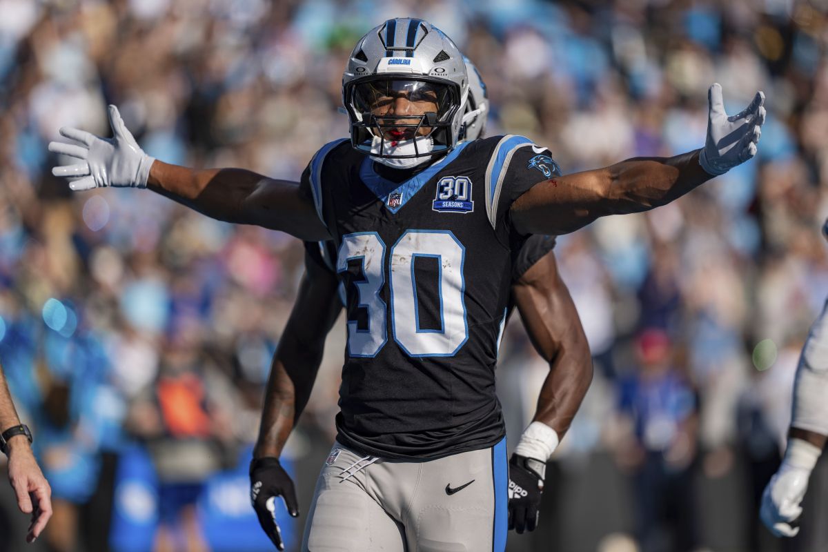 Carolina Panthers running back Chuba Hubbard (30) reacts during an NFL football game between the Carolina Panthers and the New Orleans Saints on Sunday, Nov. 3, 2024, in Charlotte, N.C.