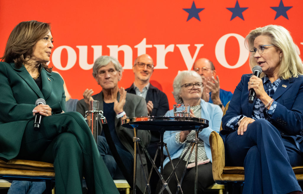 In front of a small audience of Pennsylvania voters, Democratic Presidential Nominee Vice President Kamala Harris has policy conversation with former Congresswoman Liz Cheney, along with moderator Bulwark publisher and Republican strategist Sarah Longwell, at The People's Light in Malvern, Pennsylvania on Monday October 21, 2024.