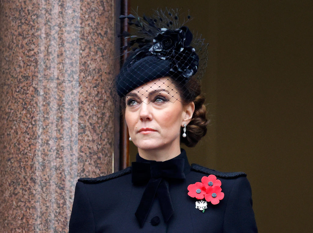 Catherine, Princess of Wales attends the annual National Service of Remembrance at The Cenotaph on November 10, 2024 in London, England. Each year members of the British Royal Family join politicians, veterans and members of the public to remember those who have died in combat.