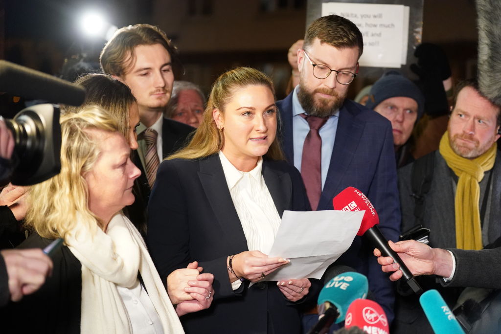 Nikita Hand speaks to the media outside the High Court in Dublin after the personal injury case against Conor McGregor.