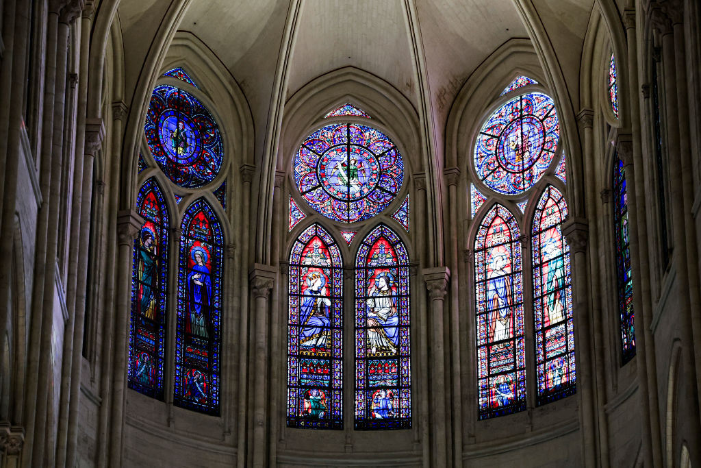 This photograph shows windows in the heart of Notre-Dame de Paris cathedral in Paris, on November 29, 2024.