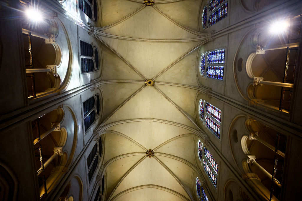 This photograph shows the vaulted ceiling of Notre-Dame de Paris cathedral in Paris, on November 29, 2024.