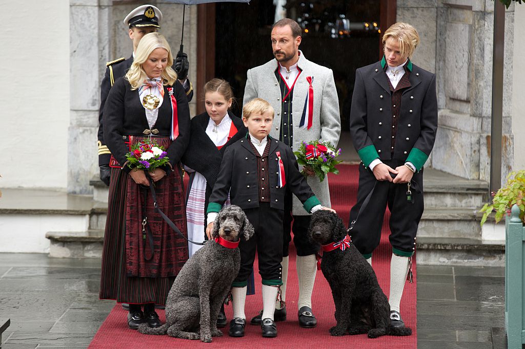 FILE - Crown Princess Mette-Marit of Norway, Princess Ingrid Alexandra of Norway, Prince Sverre Magnus of Norway, Crown Prince Haakon of Norway and Marius Borg Hoiby Celebrate National Day on May 17, 2015 in Asker, Norway.