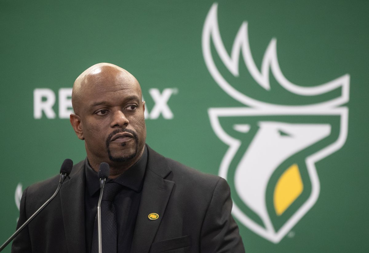 Ed Hervey speaks during a press conference after being named Edmonton Elks Vice President of Football Operations and General Manager in Edmonton, Wednesday, Nov. 20, 2024.