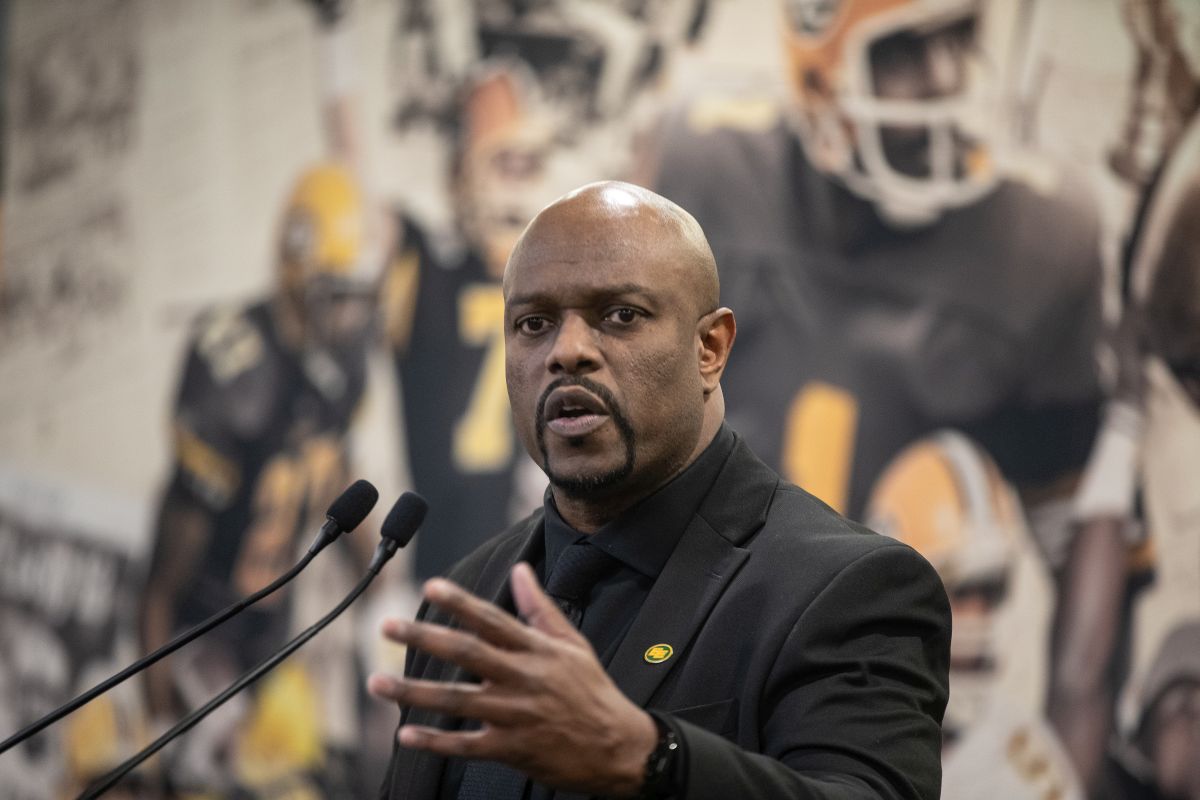 Ed Hervey speaks during a press conference after being named Edmonton Elks Vice President of Football Operations and General Manager in Edmonton, Wednesday, Nov. 20, 2024.