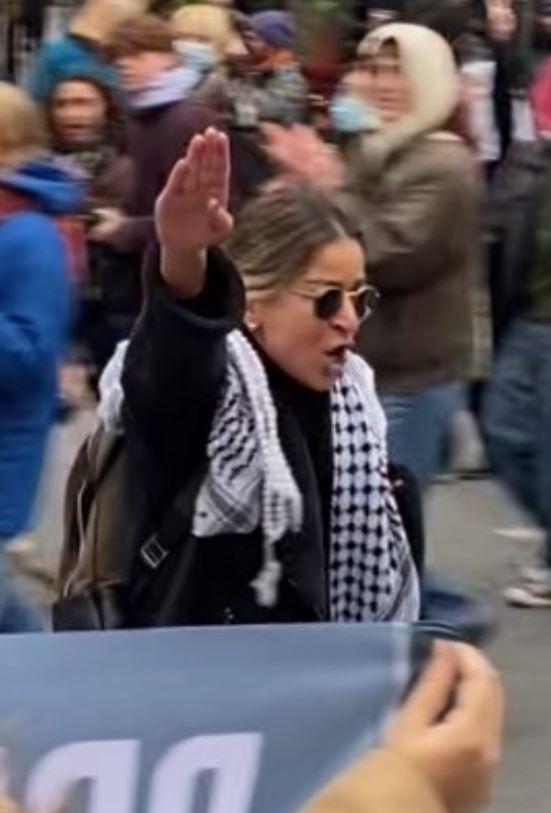 Video posted to social media shows a woman appearing to give the Nazi salute at a recent protest in Montreal. Second Cup Canada identified the woman as a franchisee. X: SMohyeddin