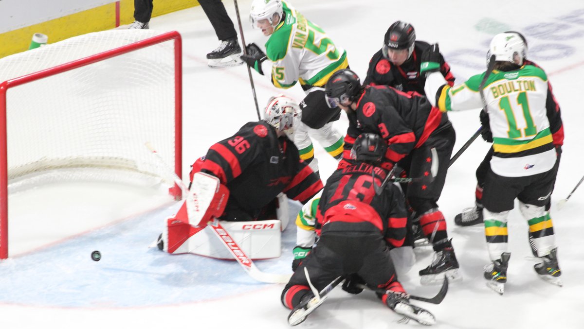 Ryder Boulton of the London Knights fights through traffic to score in a 4-3 London victory over the Soo Greyhounds on Nov. 1, 2024 at Canada Life Place.