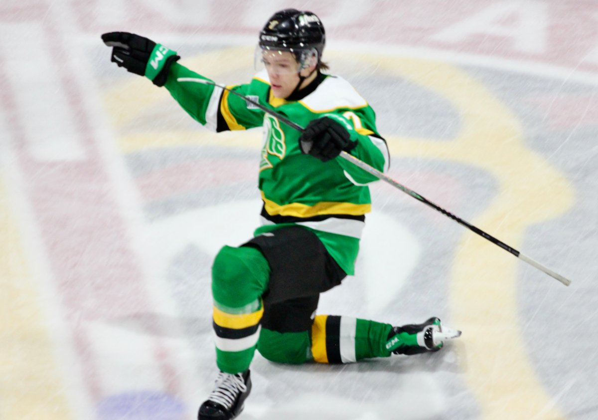 Easton Cowan of the London Knights celebrates his overtime winner in a 2-1 victory over the Attack in Owen Sound on Nov.3, 2024.