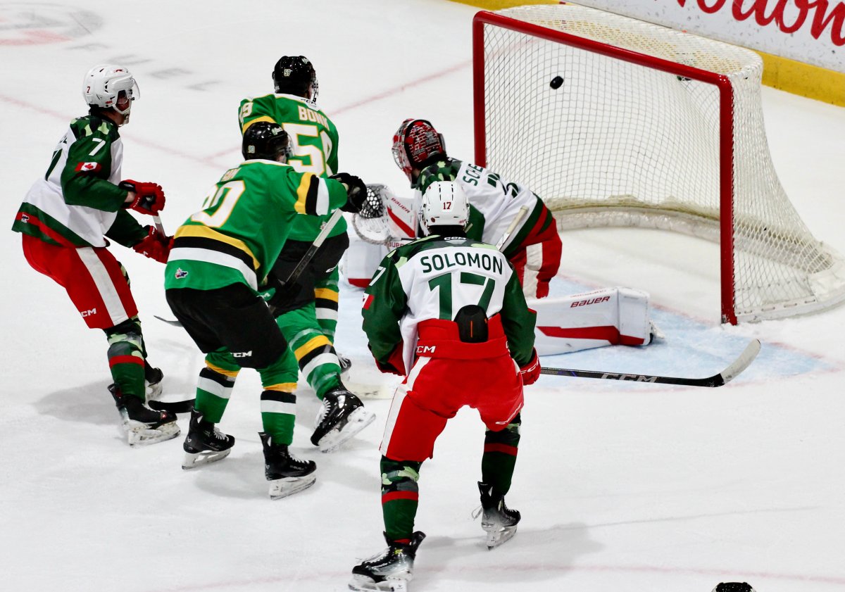 Landon Sim scores for the London Knights in a game played in Sault Ste. Marie, Ont., on Nov. 6, 2024.