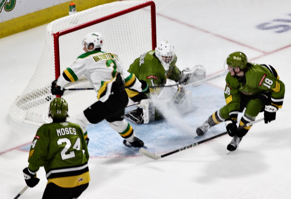 Henry Brzustewicz scores for the London Knights in a 6-2 victory over North Bay on Nov. 8, 2024 at Canada Life Place.