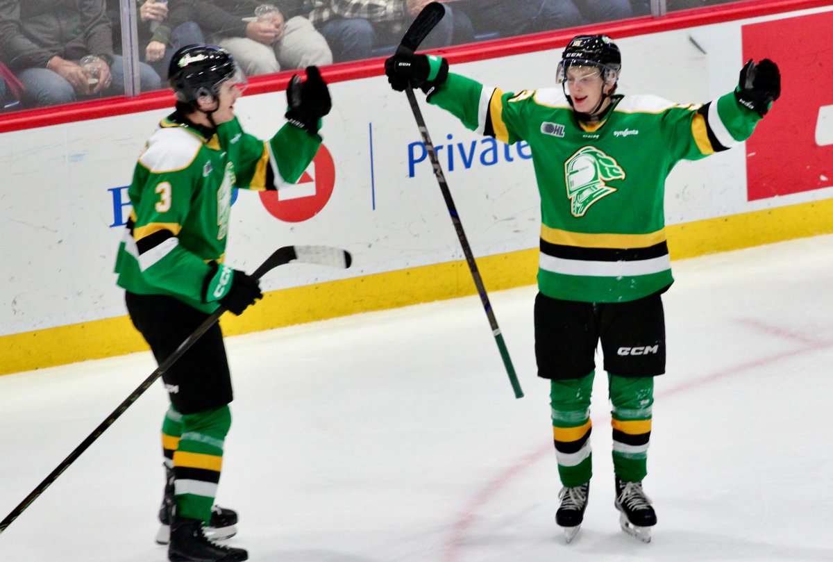 Noah Read (92 and Sam Dickinson (3) of the London Knights celebrate Read's first career Ontario Hockey League goal in an 8-7 win by the Knights over the Guelph Storm on Nov. 10, 2024.