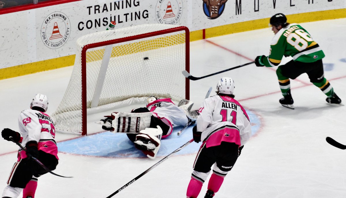 Denver Barkey of the London Knights puts a shot over Guelph Storm goalie Brayden Gillespie in a 4-0 London win on Nov. 16, 2024.