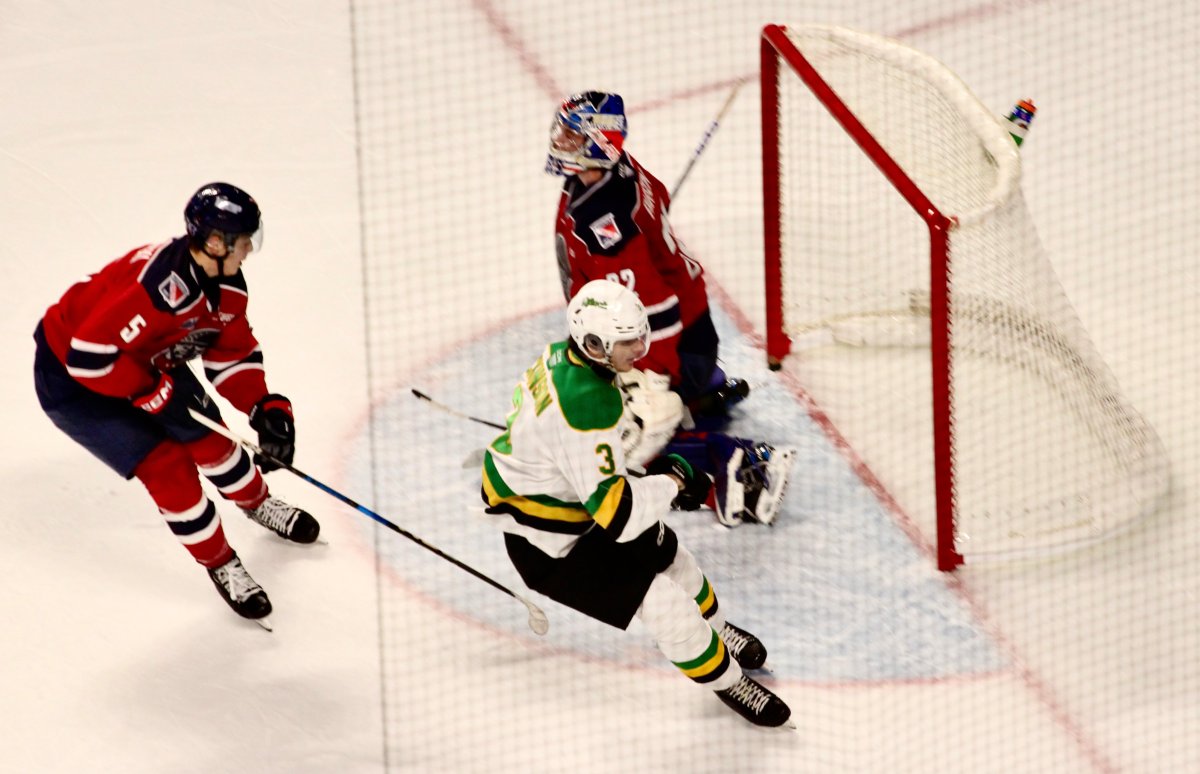 Sam Dickinson scores the eventual game-winning goal on a power play in a 3-1 London Knights victory over the Kitchener Rangers at the Kitchener Memorial Auditorium on Nov 19, 2024.