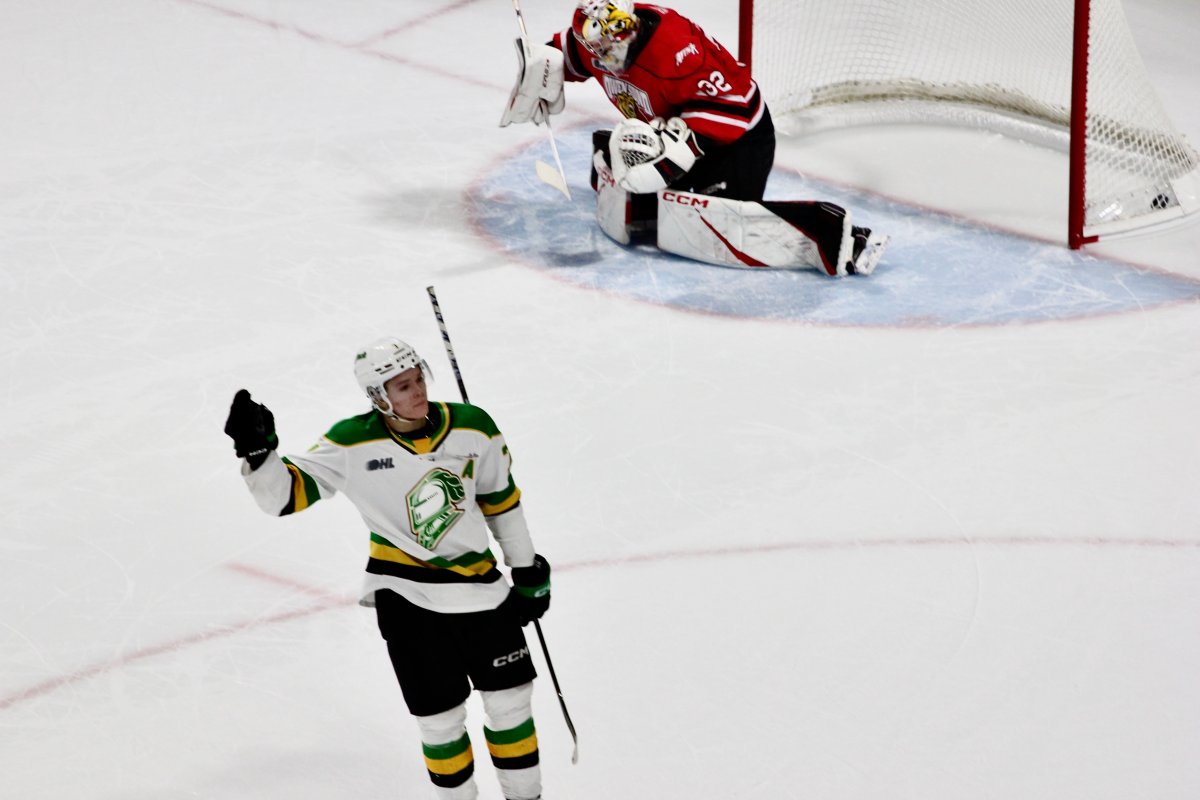 Easton Cowan celebrates after scoring one of the London Knights shootout goals in a 4-3 shootout victory over the Owen Sound Attack on Nov. 22, 2024 at Canada Life Place.