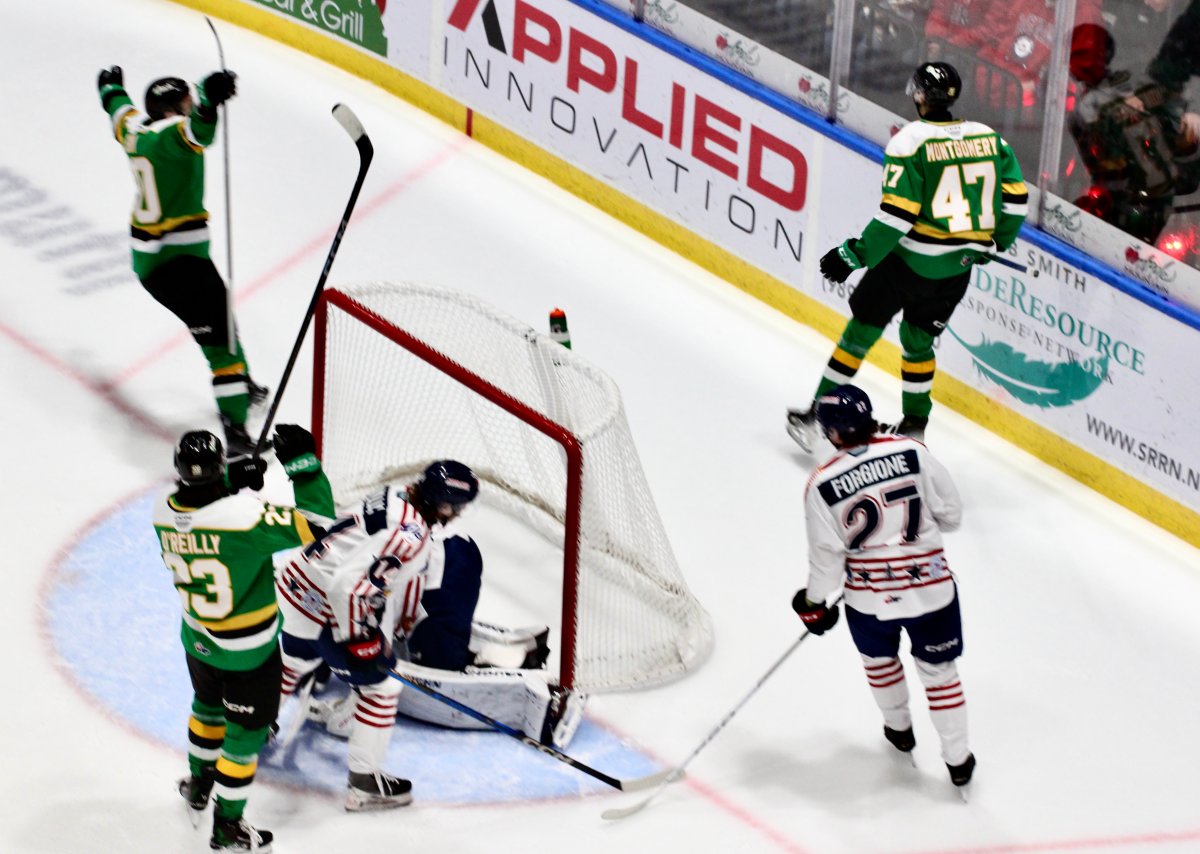 Blake Montgomery scores his first Ontario Hockey League goal as part of a 6-5 London Knights victory in Saginaw on Nov. 23, 2024.