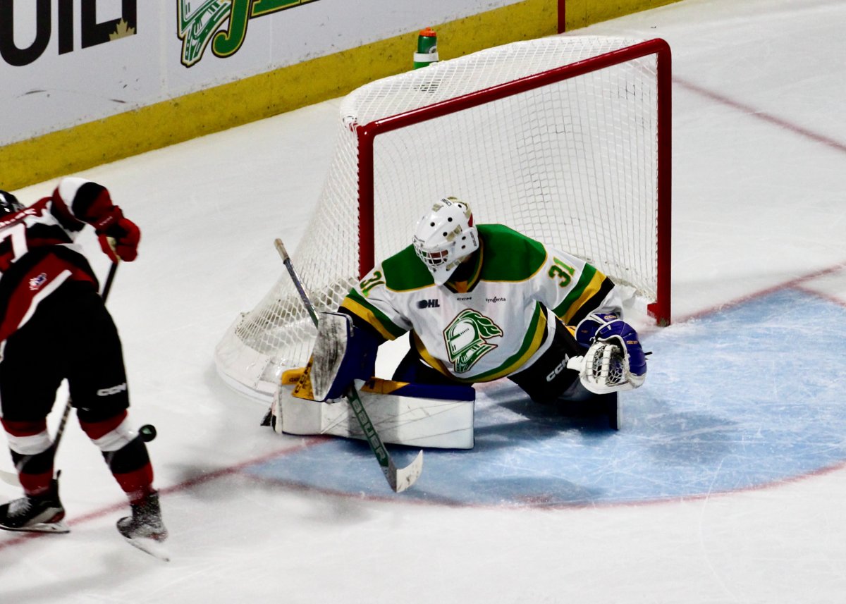 Austin Elliott makes a shootout-winning save against Blenheim, Ont. native Brady Stonehouse in a 2-1 victory by the London Knights over the Ottawa 67's on Nov. 24, 2024 at Canada Life Place.