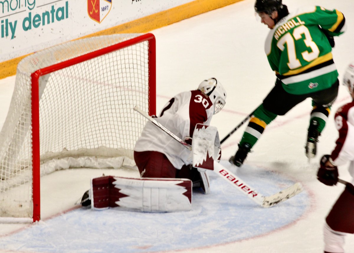 Will Nicholl of the London Knights scores one of his two goals in a 6-0 win over the Peterborough Petes on Nov. 28, 2024.