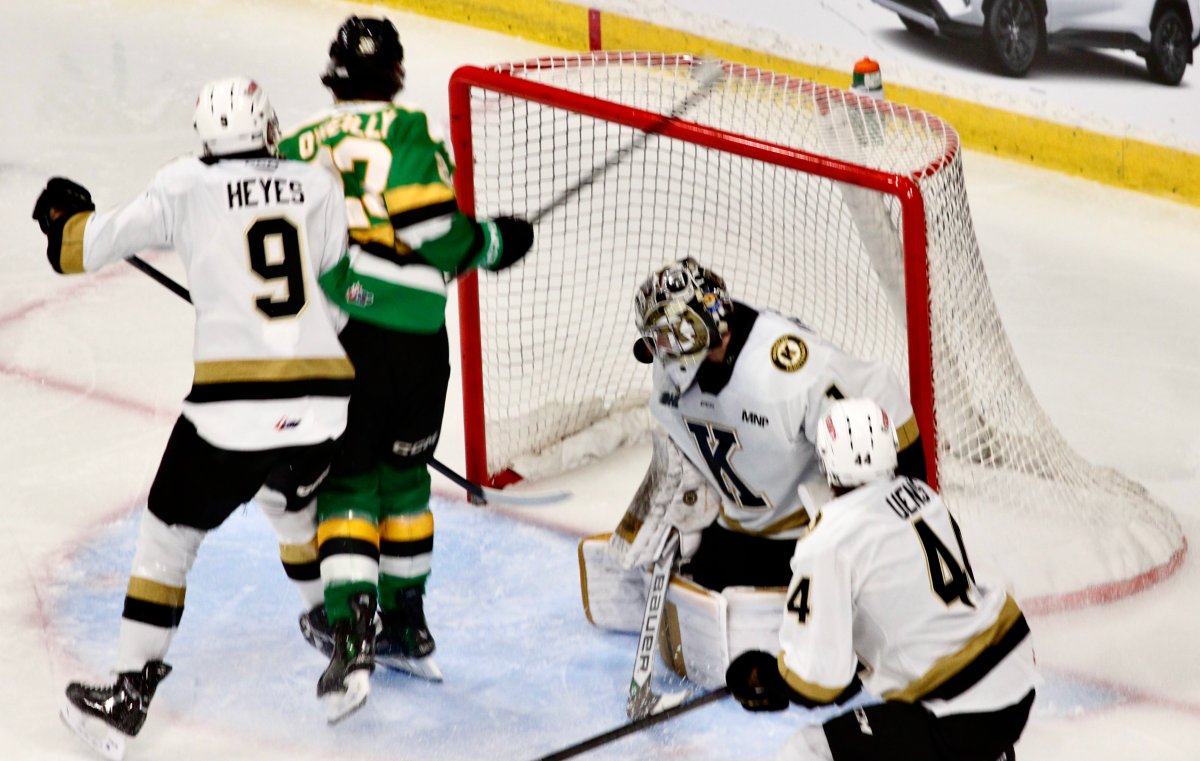 Sam O'Reilly gets hit after scoring a goal in a game between the London Knights and the Kingston Frontenacs on Nov. 29, 2024.