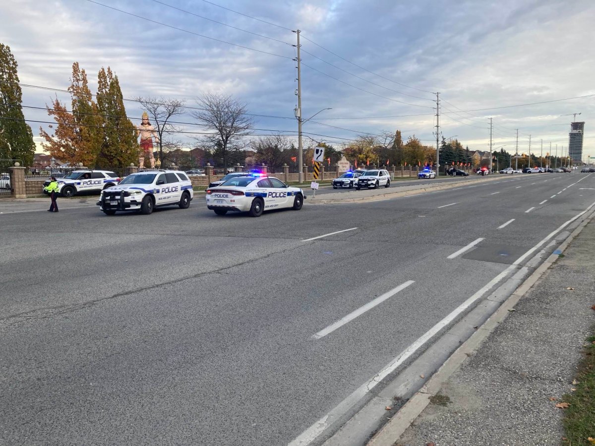 Police presence outside of Hindu Sabha Mandir in Brampton, Ont. on Nov. 2, 2024.