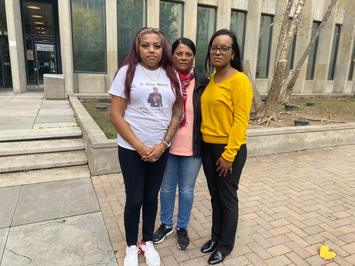 Mohanie Henry-Khan and her mother and sister outside court after the verdict.