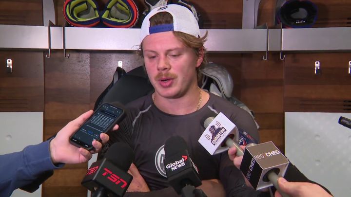 Oilers forward Kasperi Kapanen speaks to reporters in Edmonton on Nov. 21, 2024.