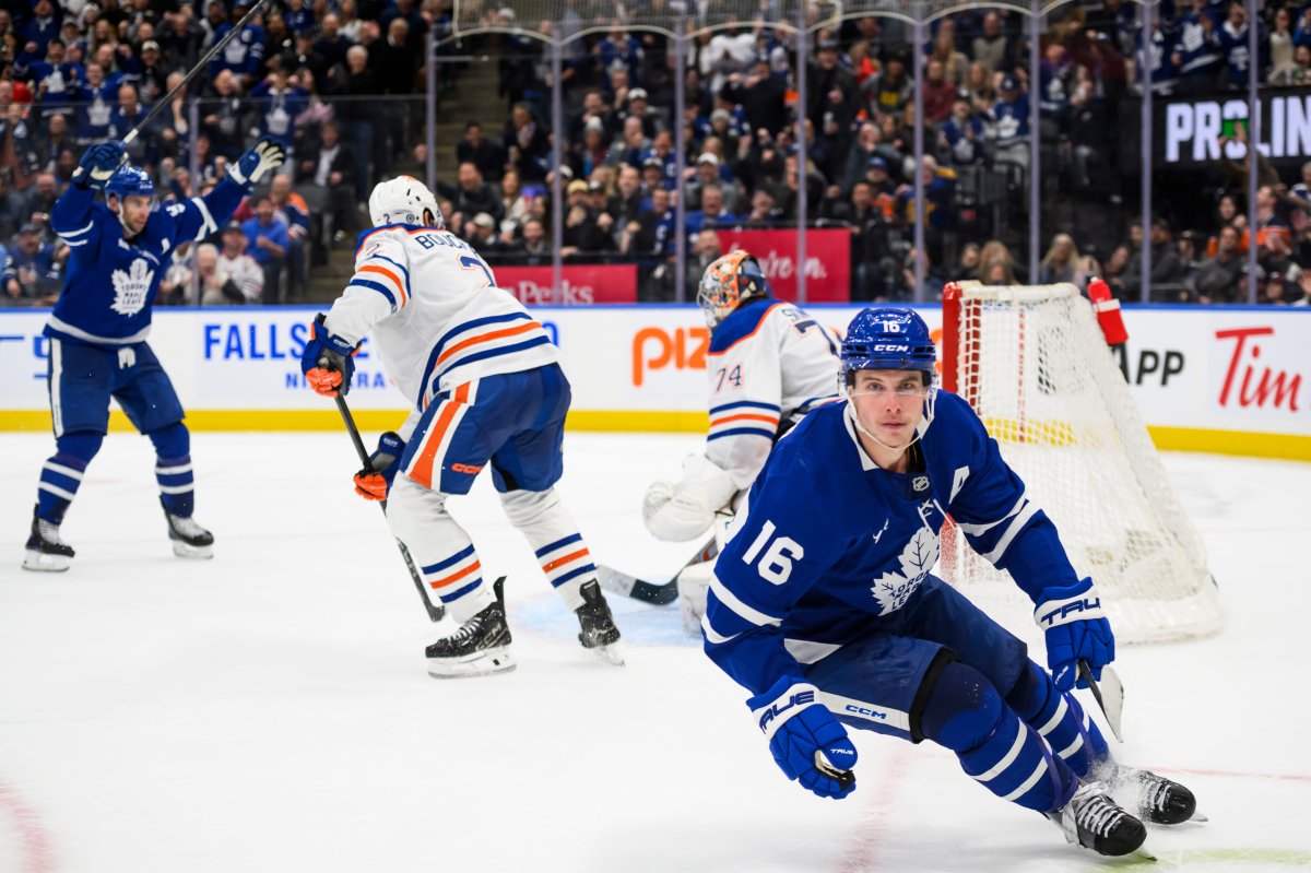 Toronto Maple Leafs right wing Mitch Marner (16) scores during overtime NHL hockey action to defeat the Edmonton Oilers 4-3, in Toronto, Saturday, Nov. 16, 2024.