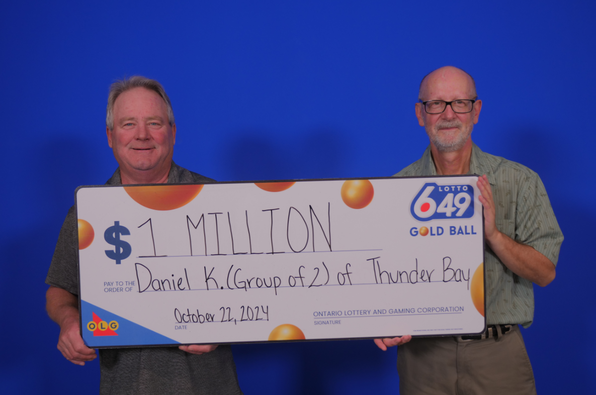 Daniel Kukko and Werner Maute of Thunder Bay can “find their possible” after winning a LOTTO 6/49 prize worth $1 million in the Gold Ball Draw on September 4, 2024.