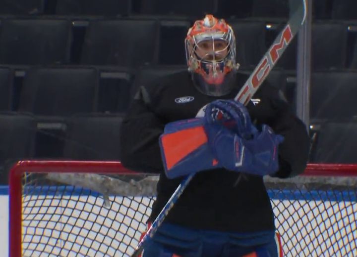 Stuart Skinner is seen at an Edmonton Oilers practice at Rogers Place in November 2024.