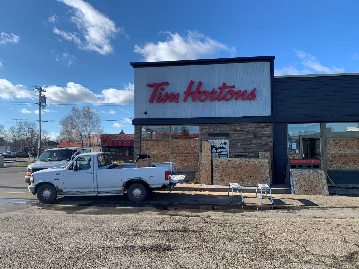 Windows smashed at Tim Hortons near 97 Street and 132 Avenue on Tuesday, November 5, 2024.