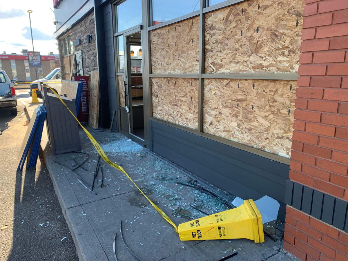 Windows smashed at Tim Hortons near 97 Street and 132 Avenue on Tuesday, November 5, 2024.