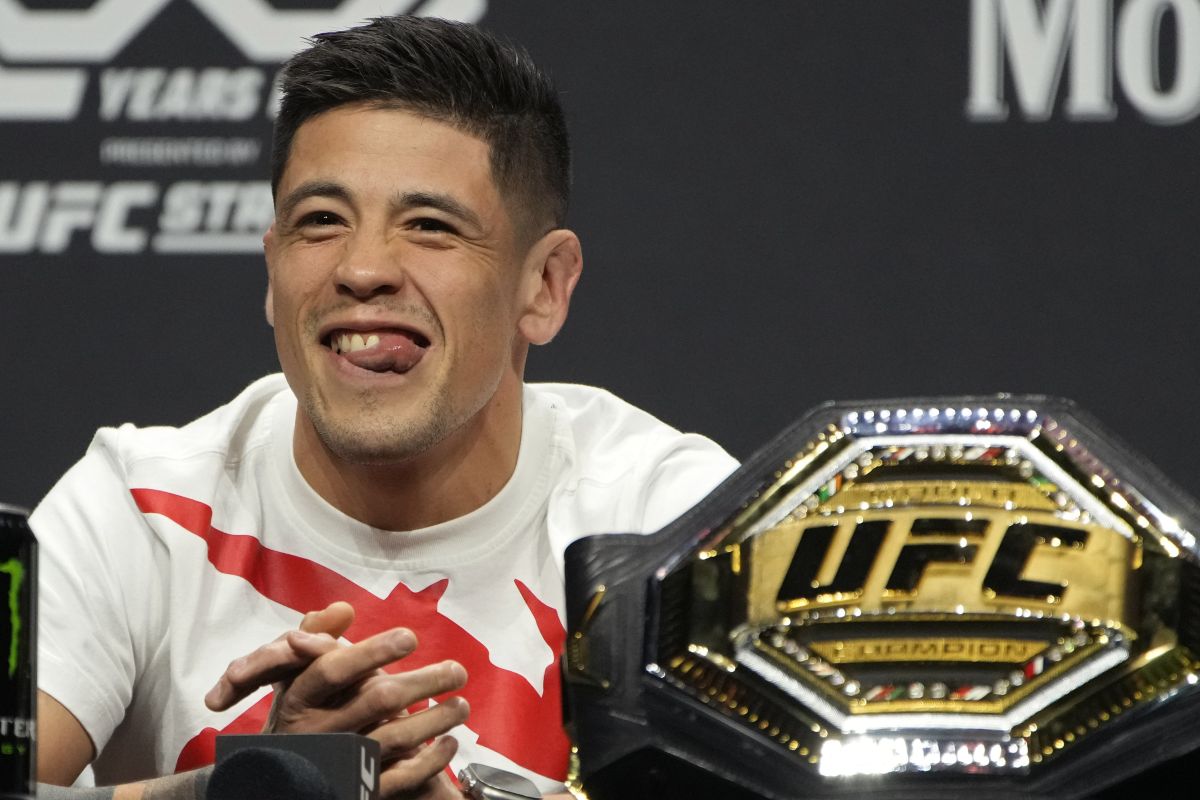 Brandon Moreno reacts during a news conference for the UFC 290 Mixed Martial arts event Thursday, July 6, 2023, in Las Vegas.