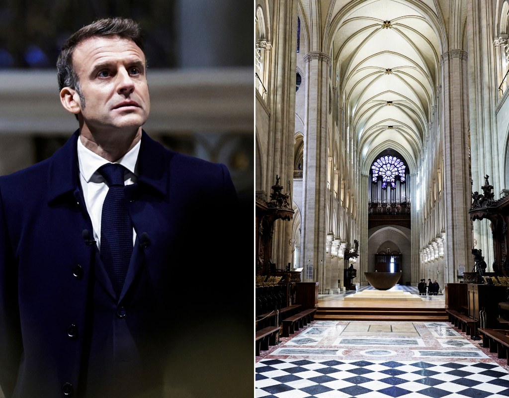 French President Emmanuel Macron takes in the restored interiors of the Notre-Dame de Paris, Friday Nov. 29, 2024, in Paris.