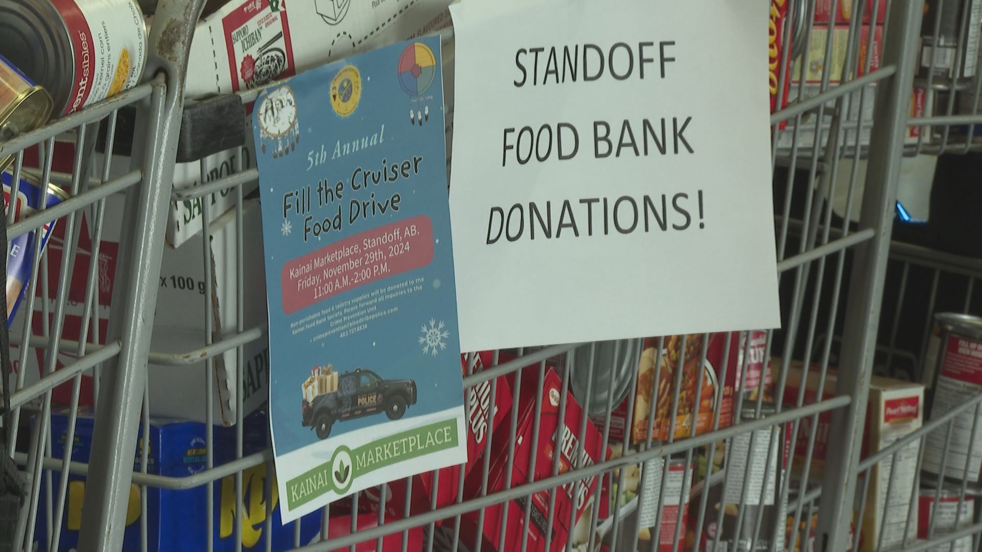 Shopping carts with food donations.