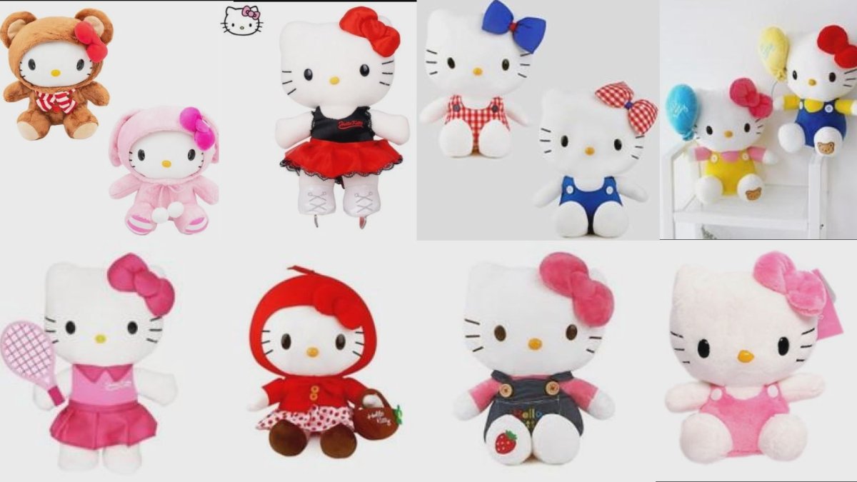 A composite photo shows eight of the 10 types of Hello Kitty plush toys from Sanrio that have been recalled by Health Canada due to a choking hazard.