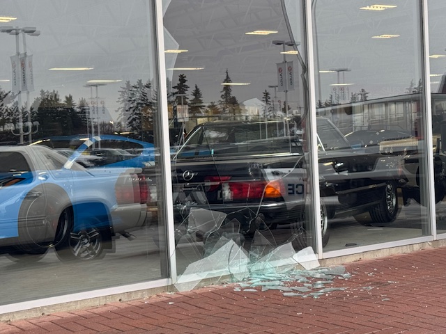 Windows smashed at Northgate Chevrolet Buick GMC near 97 Street and 132 Avenue on Tuesday, November 5, 2024.