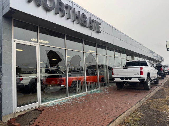 Windows smashed at Northgate Chevrolet Buick GMC near 97 Street and 132 Avenue on Tuesday, November 5, 2024.
