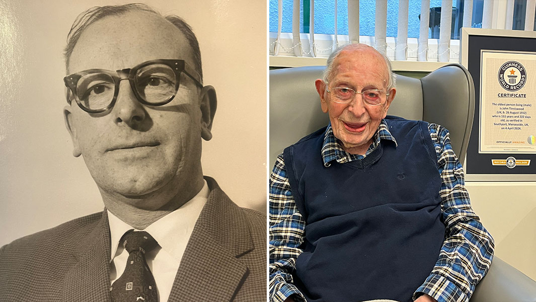 John Tinniswood, seen here as a younger man (L) and the day he received his world's oldest man designation (R), has died at age 112. 